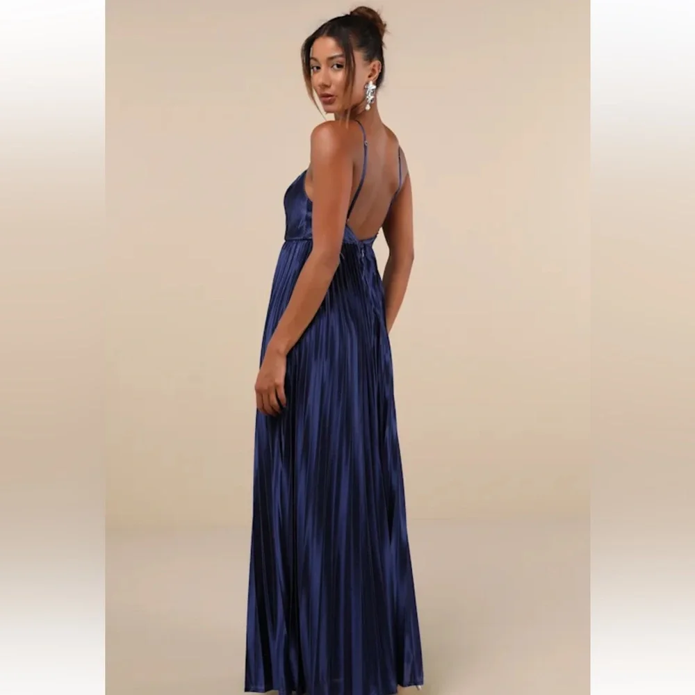 NWT Lulus Elaborate Charm Navy Blue Satin Pleated Backless Maxi Dress - Size XS - Picture 2 of 3